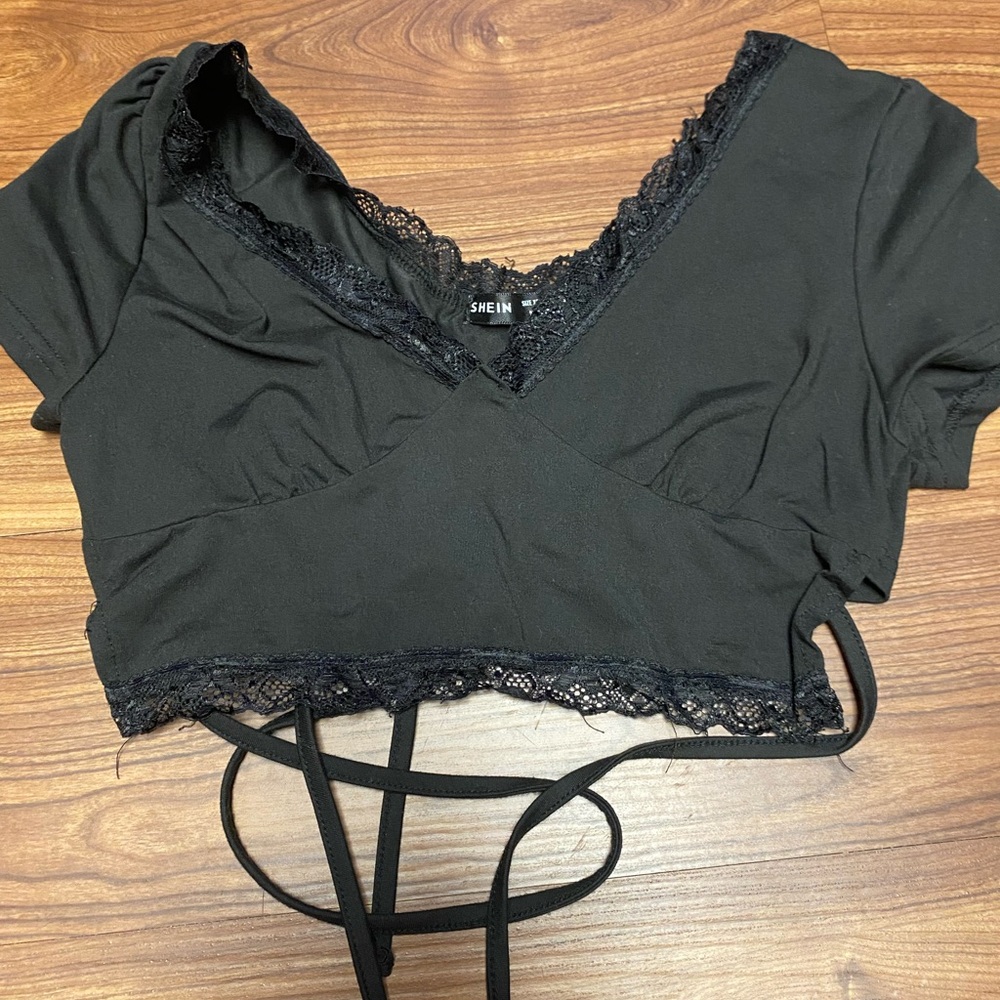 black lace crop top ties in back